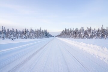 Obraz premium Snowy road leading through a winter forest landscape under a clear blue sky