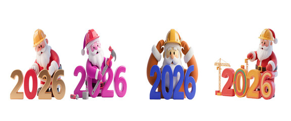 Set of Santa Claus putting on a construction hat while adjusting 2026 3D New Year isolated on white background Download.