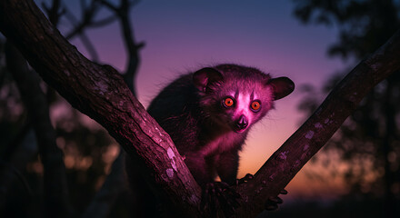 Fototapeta premium Slow Loris sunset magic enchanting eyes captivating gaze nocturnal wonder