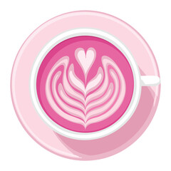 Top View Pink Latte with Heart Milk Art - Vector Illustration