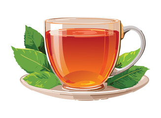 Herbal Tea in Glass Cup with Green Leaves - Vector Illustration