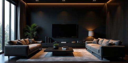 Dark walls, sleek furniture, dramatic lighting fixtures , rich, glass, shapes