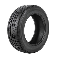 Black car tire on white background suitable for automotive industry, tire shops, mechanic services, and transportationrelated designs. Shows tire tread.