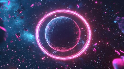 Obraz premium A vibrant space scene featuring a planet with a glowing ring.