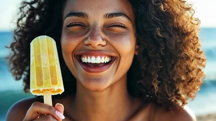 Smiling woman with curly hair enjoys refreshing popsicle at the beach, sunlight illuminating her joyful expression, capturing the essence of summer happiness and carefree moments. Generative 4k video - Powered by Adobe