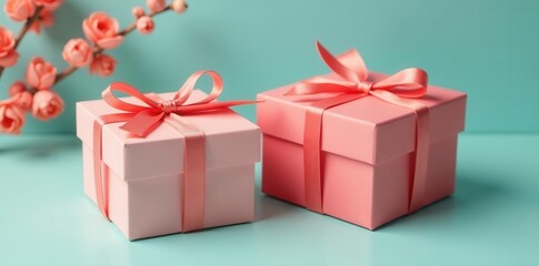 Obraz premium Two blush coral gift boxes, minimalist craft paper design , packaging design, clean