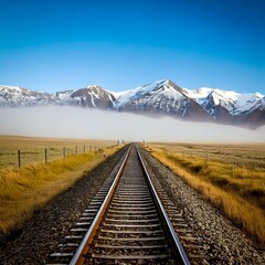 Fototapeta premium Vías de tren solitarias a través de un campo brumoso que conducen a montañas cubiertas de nieve