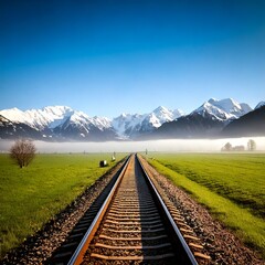 Fototapeta premium Vías de tren solitarias a través de un campo brumoso que conducen a montañas cubiertas de nieve