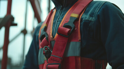 Obraz premium Close-up of a worker wearing a safety vest and harness