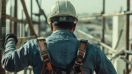 Construction Worker in Hard Hat and Safety Harness