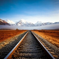 Fototapeta premium Vías de tren solitarias a través de un campo brumoso que conducen a montañas cubiertas de nieve
