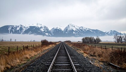 Fototapeta premium Vías de tren solitarias a través de un campo brumoso que conducen a montañas cubiertas de nieve