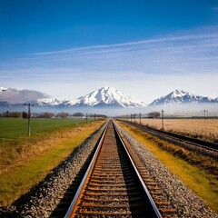 Fototapeta premium Vías de tren solitarias a través de un campo brumoso que conducen a montañas cubiertas de nieve