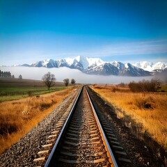 Fototapeta premium Vías de tren solitarias a través de un campo brumoso que conducen a montañas cubiertas de nieve
