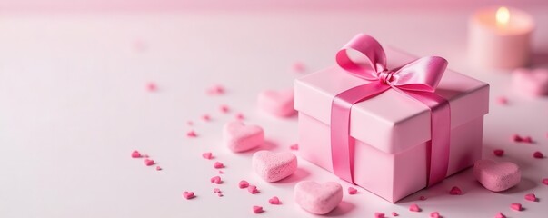 Pink gift box, heart marshmallows, candles, sprinkles, love White background , passion, overhead, delicious