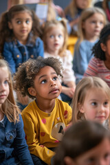 Curious students in colorful outfits sit near teacher during classroom story session, eyes fixed on illustrations