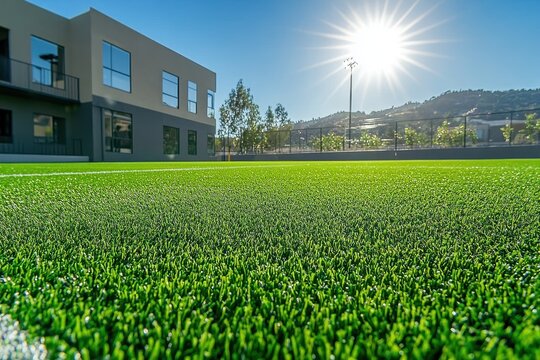Lush green artificial grass rolls ready for installation in a sports field during daylight in an urban area