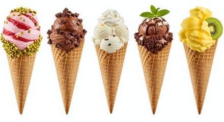 Assorted Ice Cream Cones Isolated on White Background Featuring Strawberry Chocolate Vanilla Mango and Kiwi Flavors With Pistachio Mint and Chocolate Chips Toppings