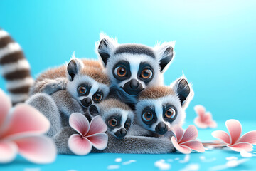 A playful group of four lemurs huddled together on a bright blue background with pink flowers