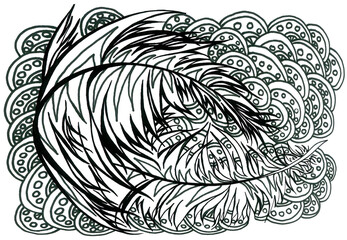 Large lush wave-shaped plume for a tattoo or fashion design. Tribal feather for the Brazilian carnival. Solar decor with coins for wallpaper. Zentangle pattern for coloring. Creative fractal ornament.