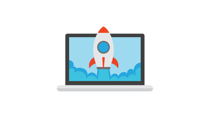 Laptop screen showing rocket launch symbolizing fast business growth innovation and success