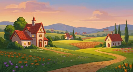 Naklejka premium Idyllic Village Sunset, Rolling Hills, Cartoon Landscape