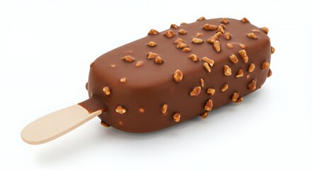Chocolate Covered Ice Cream Bar with Nuts on a Wooden Stick Isolated on White Background Perfect for Promotion and Decoration