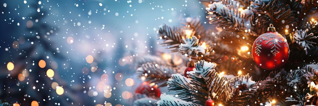Close-up of snow-covered fir branches with gold baubles and string lights, twilight horizon softly glowing behind - Powered by Adobe
