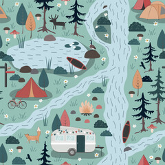 Summer Forest Camping Adventure, seamless pattern. Camping landscape vector background.