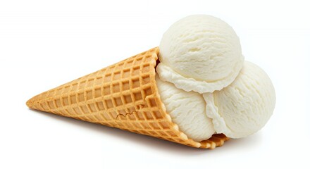 Creamy White Ice Cream Scoops in Waffle Cone Isolated on White Background Perfect for Summer Treats and Promotions