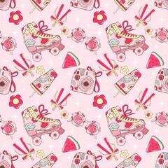 Roller Skate Candy Floral Pattern.Cute Roller Skate Bow Summer Design.Whimsical Skate Camera Fruit Art.Adorable Roller Skate Candy Print