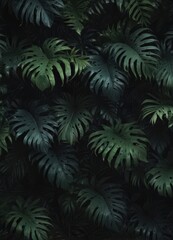 Intricate dark foliage pattern; lush tropical leaves in deep shadows , botanical, texture