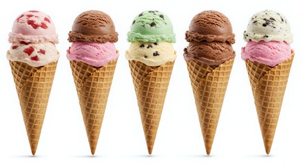 Five Ice Cream Cones with Various Flavors Arranged on White Background