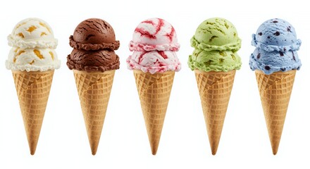 Five Varied Ice Cream Scoops in Waffle Cones Isolated on White Seamless Background Featuring Chocolate Strawberry Pistachio and Blueberry for Summer Treats and Promotions