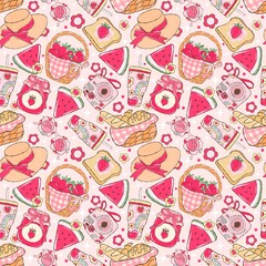 Picnic Strawberry Watermelon Pattern.Cute Picnic Basket Hat Design.Whimsical Strawberry Picnic Floral Art.Adorable Picnic Camera Bow Print.