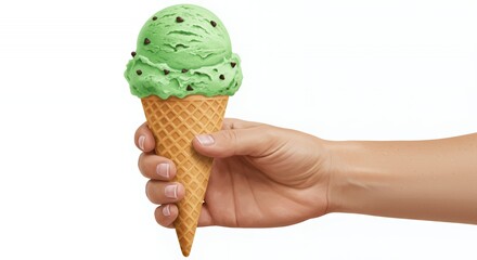 Hand Holding Mint Chocolate Chip Ice Cream in Waffle Cone Isolated on White Background for Summer Treat and Ice Cream Day Celebrations