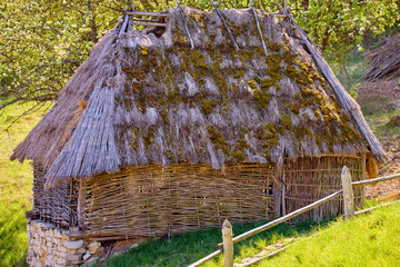 Ukrainian village house with a thatched roof covered with moss walls made of woven vines