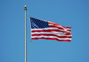 Fototapeta premium Flag of United States, American Flag, USA National Symbol, Waving Flag, Patriotism Visual, Tall Flagpole, Over City