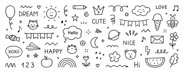 Cute kids elements, preschool kindergarten doodle icons set. Daycare, children drawings, flower, rainbow, cloud, sun, heart in sketch style. Hand drawn vector illustration isolated on white background