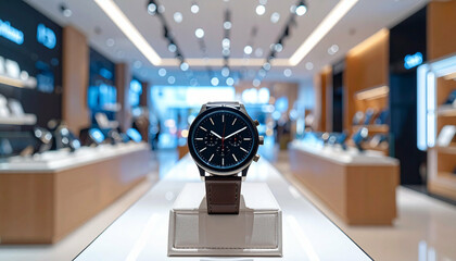 A watch on a display stand inside a store with blurred merchandise & bright lighting