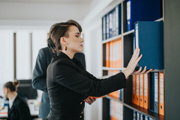 Business people managing documents in office, focusing on teamwork and efficiency