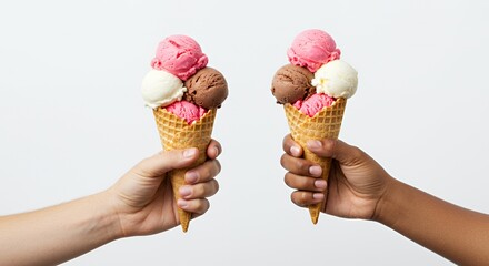 Hands Holding Waffle Cones with Strawberry Chocolate and Vanilla Ice Cream Scoops Isolated on White Background Sweet Dessert Treat