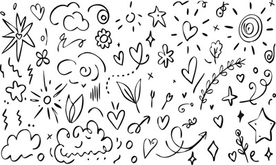 Collection of hand drawn doodle sketch elements including hearts, clouds, stars, leaves, and swirls in vector style.