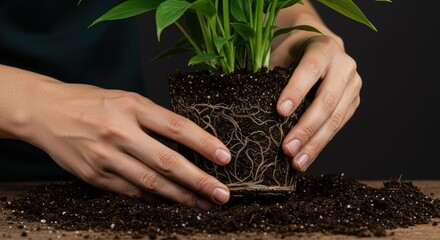 Close-up hands repotting plant, Gardening task, Soil and roots, Plant transfer, Human hands, Green thumb