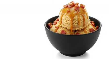Maple Bacon Ice Cream Scoop with Caramel Drizzle in Black Bowl Isolated on White Background