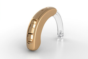 A 3D render of a digital hearing aid device, isolated on white background