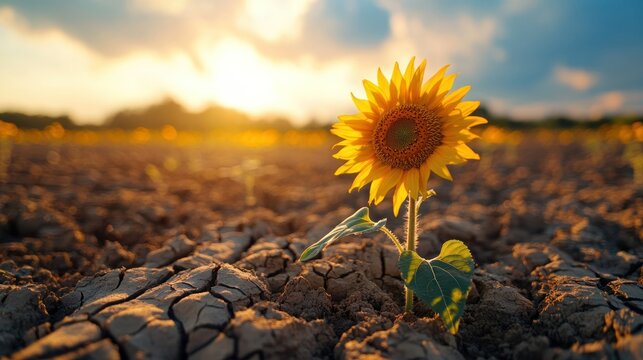 Vibrant sunflower blooming in dry cracked soil du sunset with dramatic sky and warm sunlight highlighting the resilient flower in an arid landscape