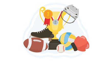 Winning trophies medals sports equipment success celebration glorious victory