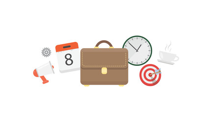 Business success goals achieved target briefcase clock calendar coffee cup vibrant design