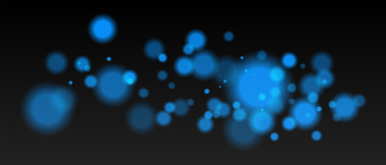 Blue bokeh. Glowing blurred light spheres on dark background, abstract glow effect with soft focus and floating particles for festive or winter design.